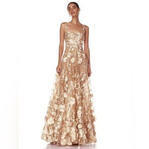 NWOT BRONX AND BANCO JASMINE GOLD GOWN with flower appliqués, wedding max dress